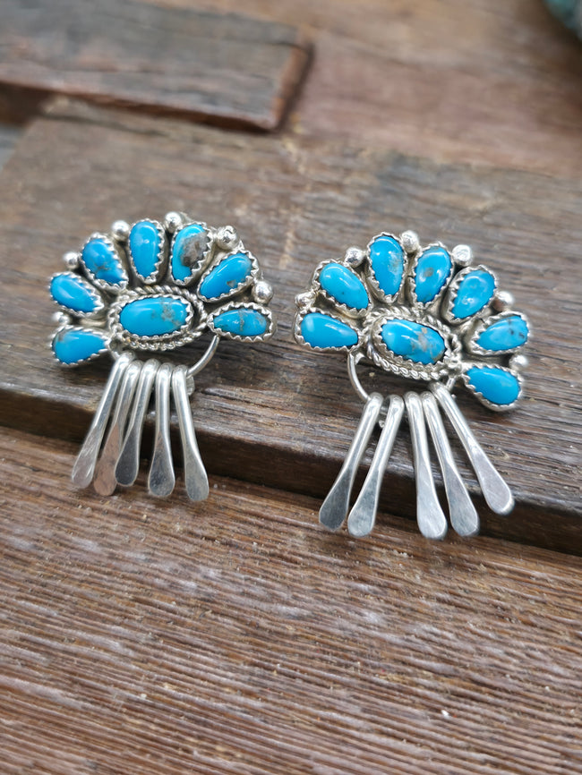 Sterling Silver Turquoise Half Cluster Earrings with Dangles by Justina Wilson - 1 1/2 in. by 1 1/4 in.