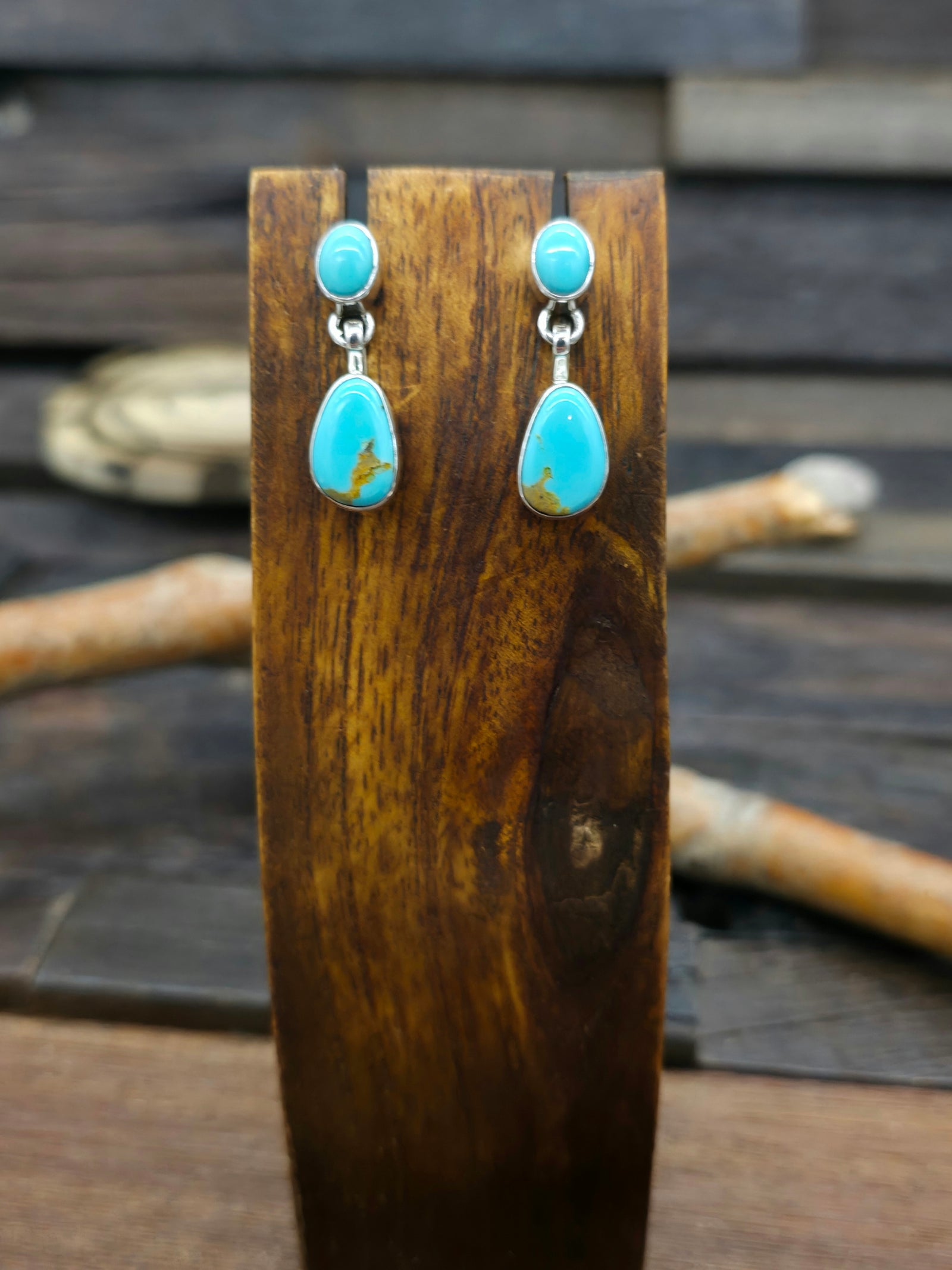 Two Stone Blue Turquoise Sterling Silver Post Dangle Earrings