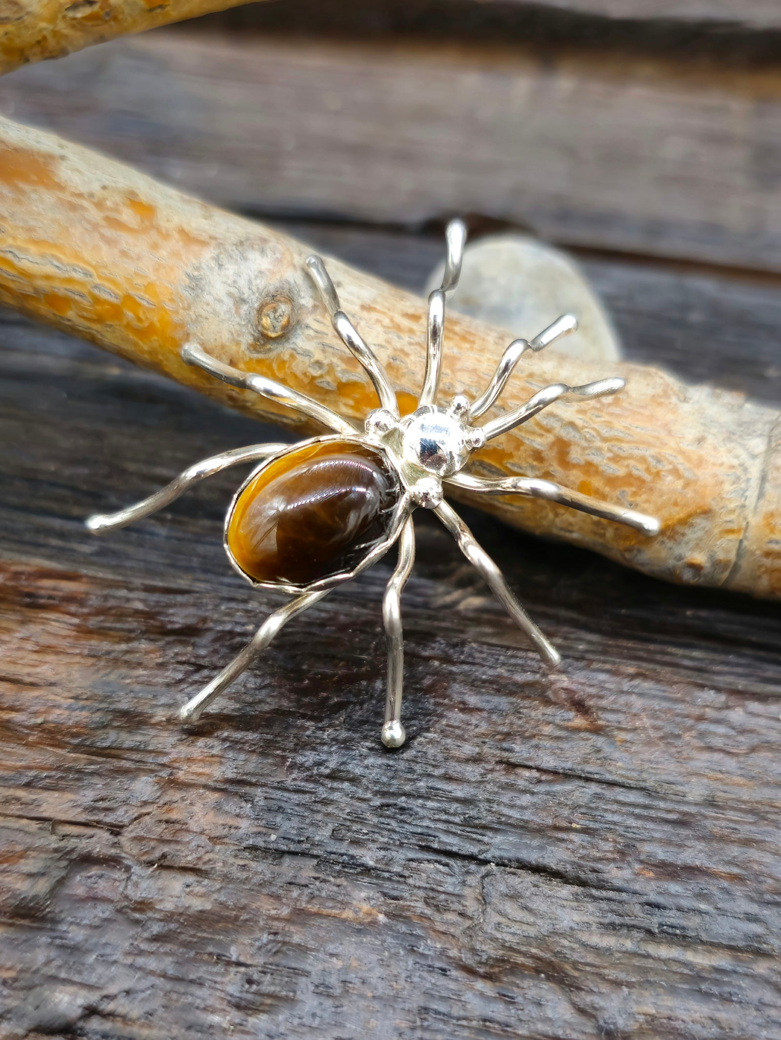 Sterling Silver and Tiger's Eye Spider Pin by Effie Spencer