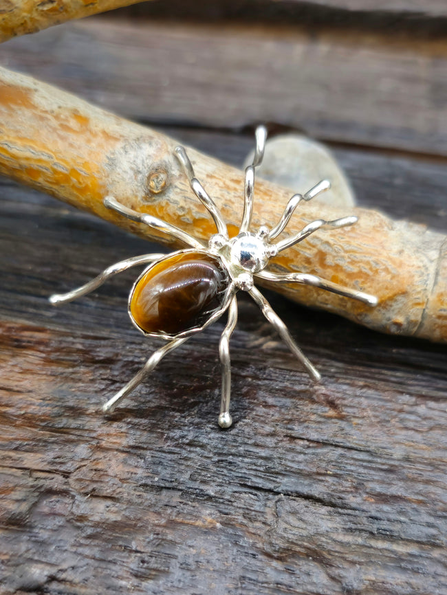 Sterling Silver and Tiger's Eye Spider Pin by Effie Spencer