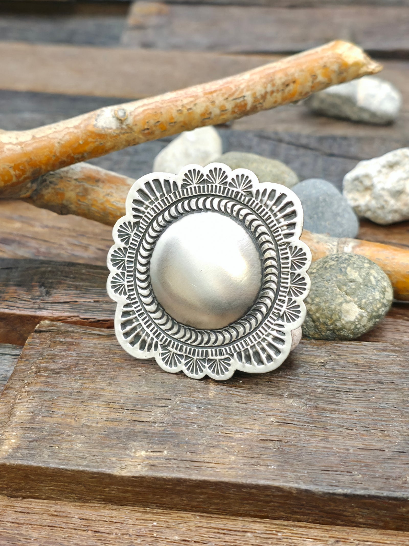 Adjustable Round Smooth Center Sterling Silver Ring by Leander Tahe