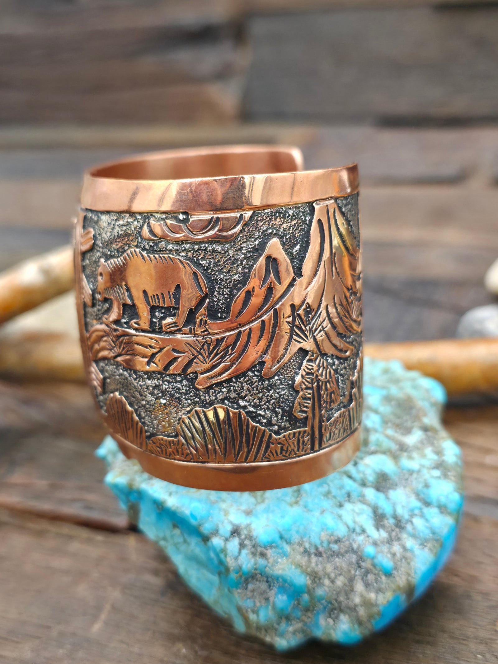 Wide Copper Overlay Bear Cuff Bracelet by Elaine Becenti - 7 in. with Gap