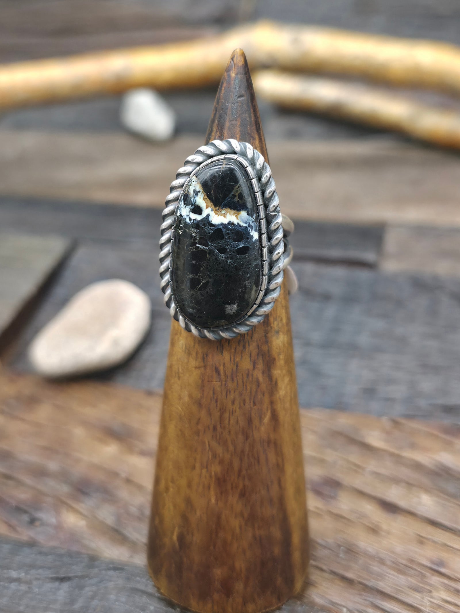 Sterling Silver and Blackjack Turquoise Ring by Walter Vandever - Size 8