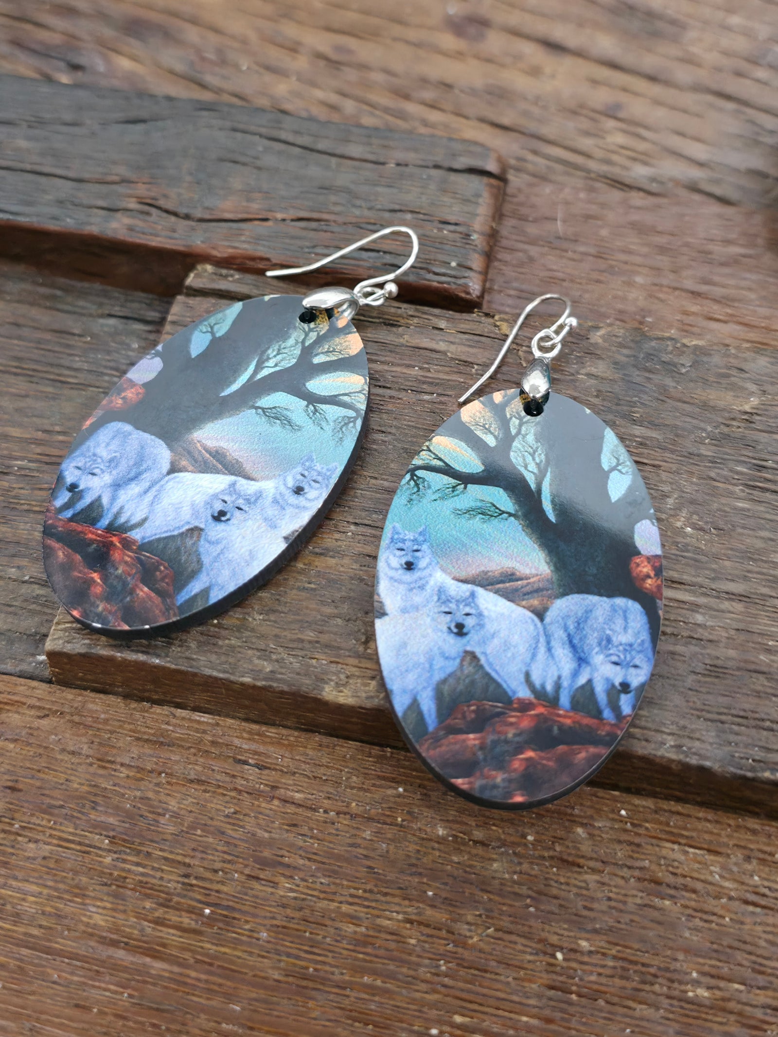 Art Earrings by Bill and Tracy Rabbit - Tree with Three Wolves