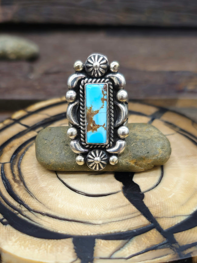 Stamped Sterling Silver and Golden Hill Turquoise Ring by Albert Jake - Size 8.5