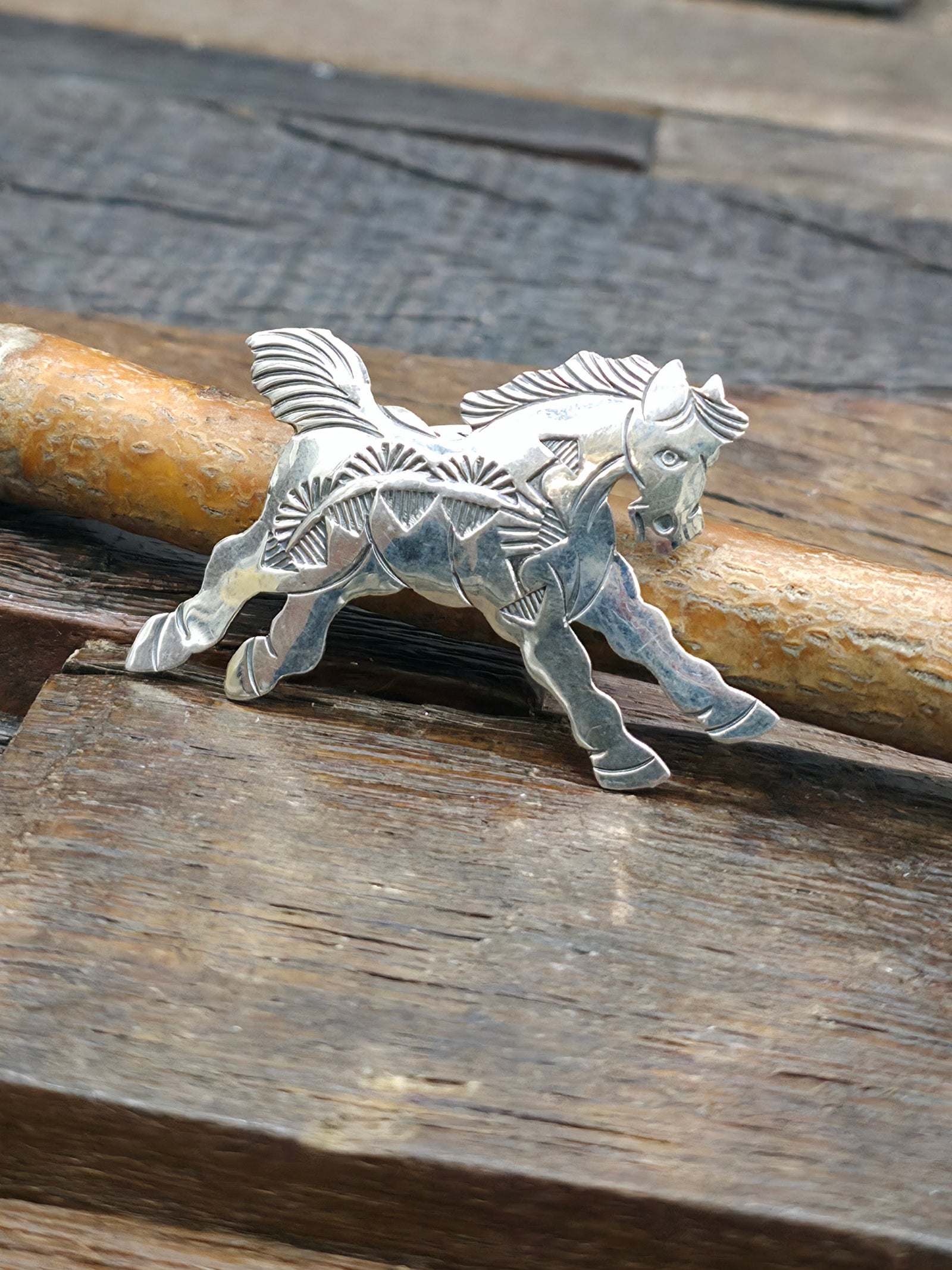 Stamped Sterling Silver Galloping Horse Pin by Limbert Perry - 2 in. by 1 1/2 in