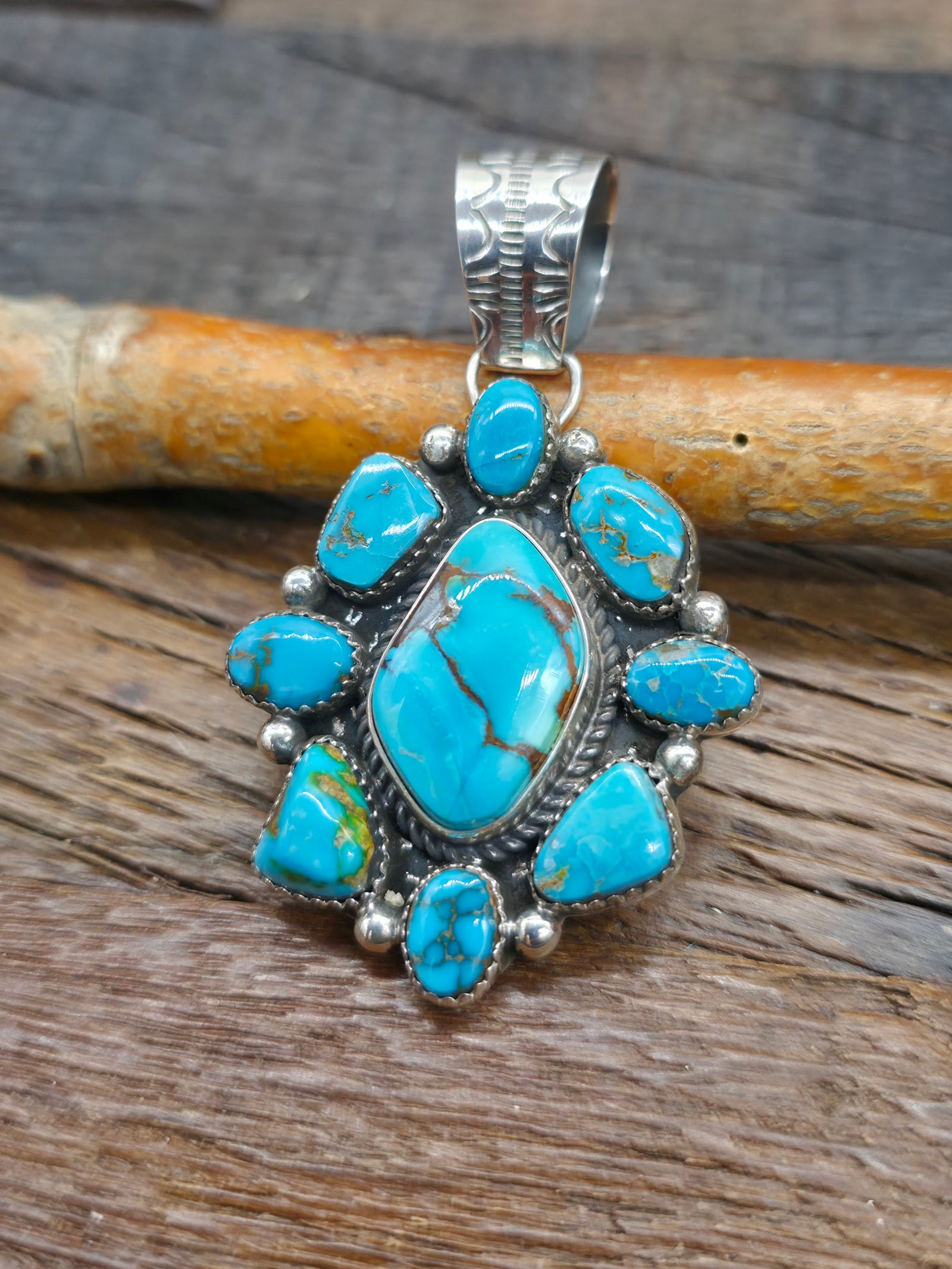 Sterling Silver Blue Gem Cluster Pendant by Rosella Paxton - 2 1/2 in. by 1 1/2 in.