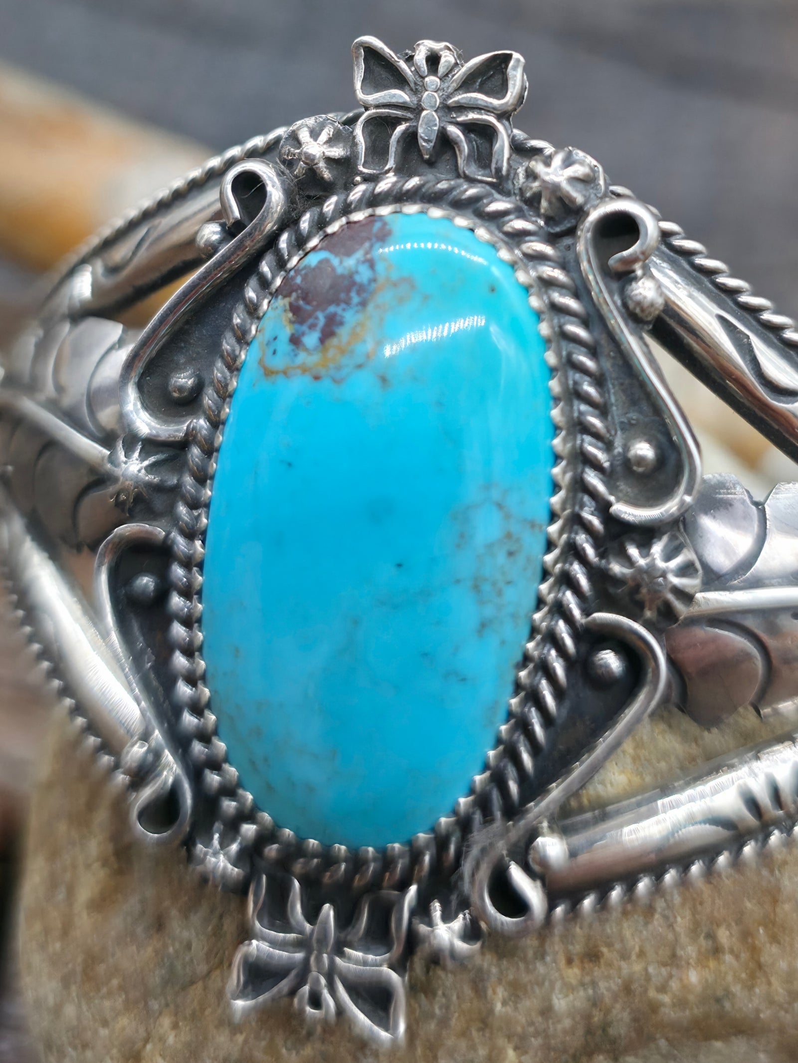 Turquoise and Sterling Silver Butterflies Cuff by Brenda Jimenez - 6 1/4 in. with gap.