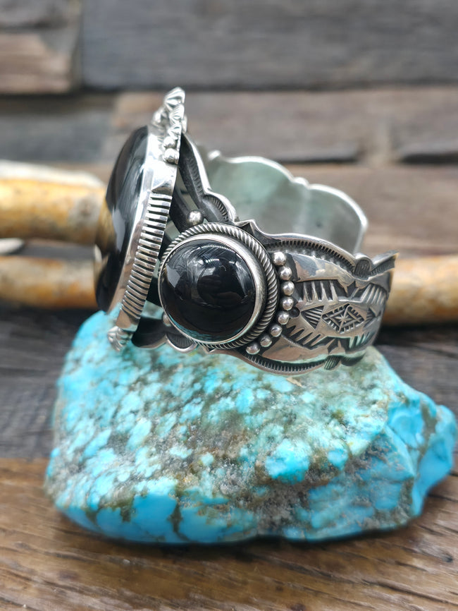 Stamped Sterling Silver Onyx Cuff Bracelet by Aaron Toadlena - 6 1/2 in. with Gap