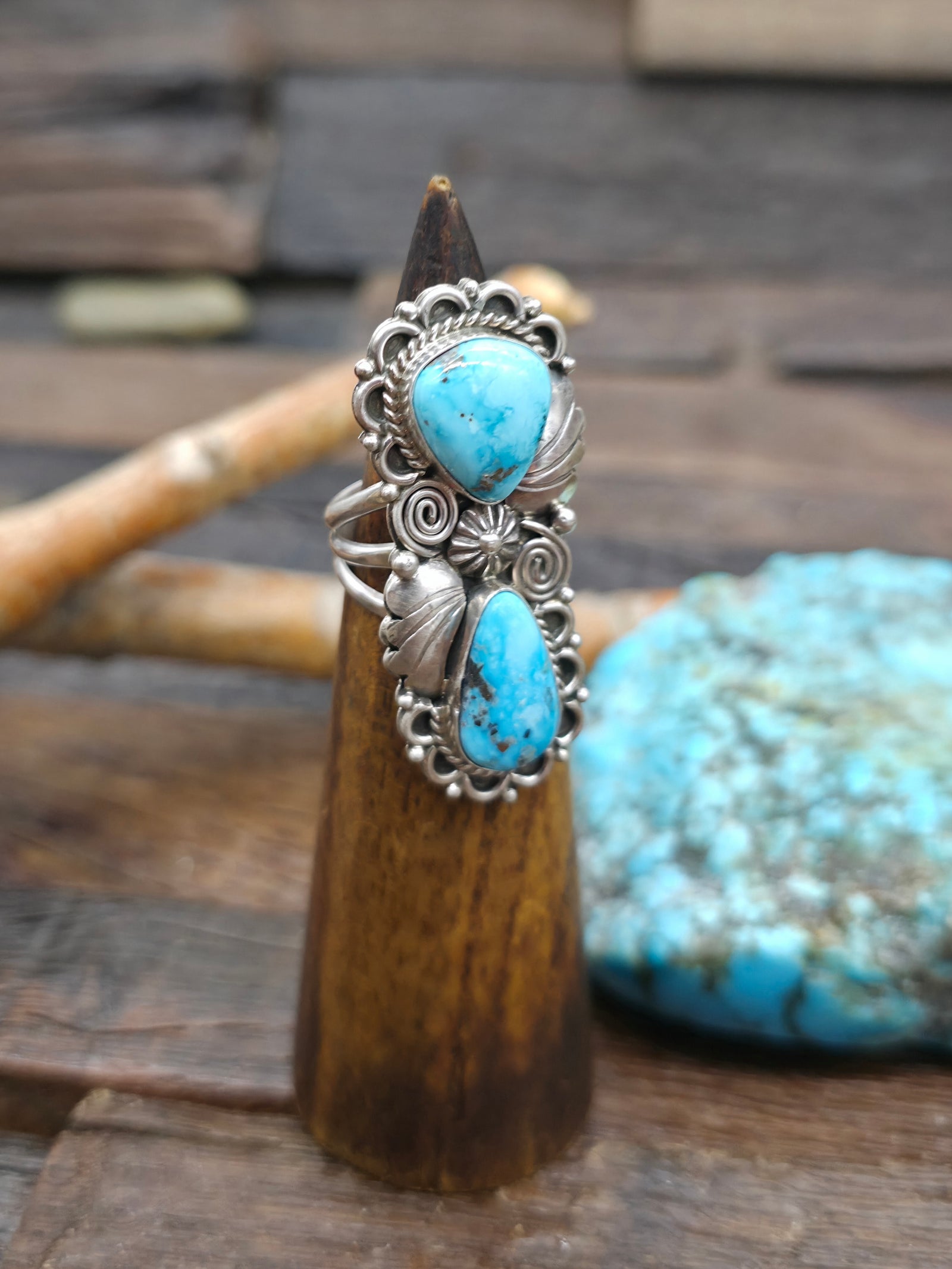 Two Stone Kingman Turquoise Ring with Sterling Silver Leaf Applique by Renee Yazzie - Size 8
