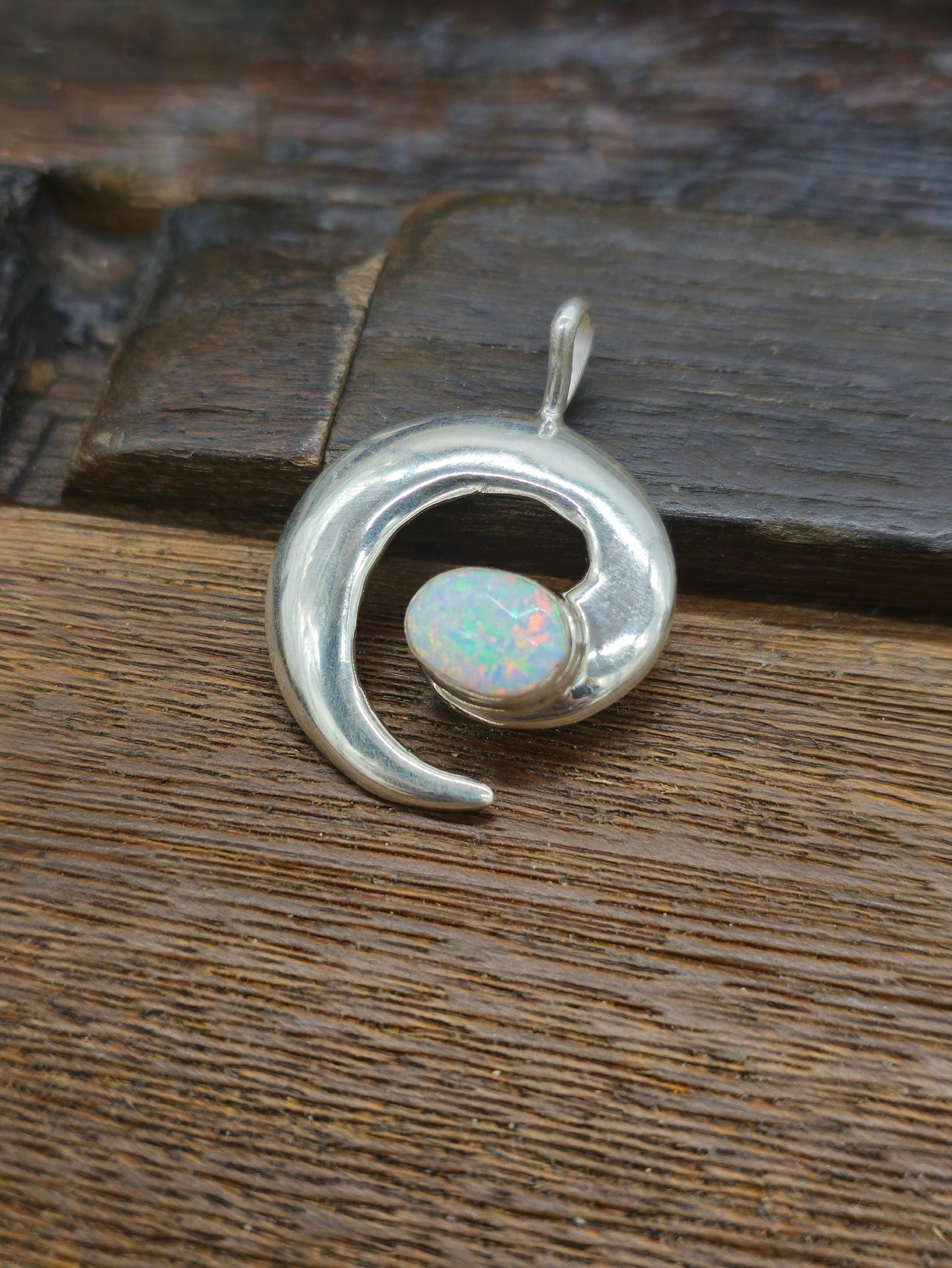White Lab Opal Sterling Silver Spiral Pendant by Joseph Martinez