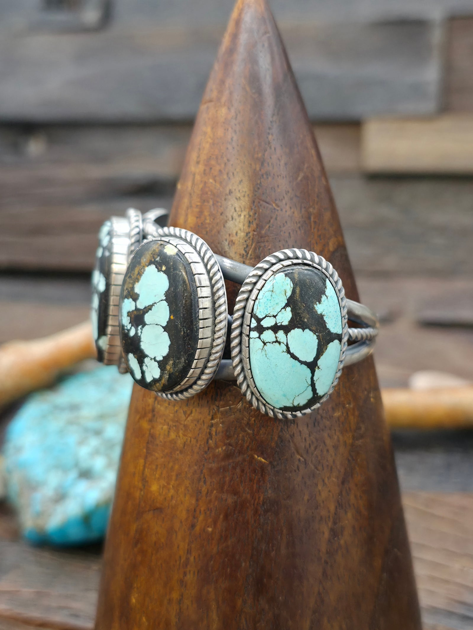 Sterling Silver Sky Horse Turquoise Five Stone Cuff Bracelet by Walter Vandever - 6 1/2 in. with Gap