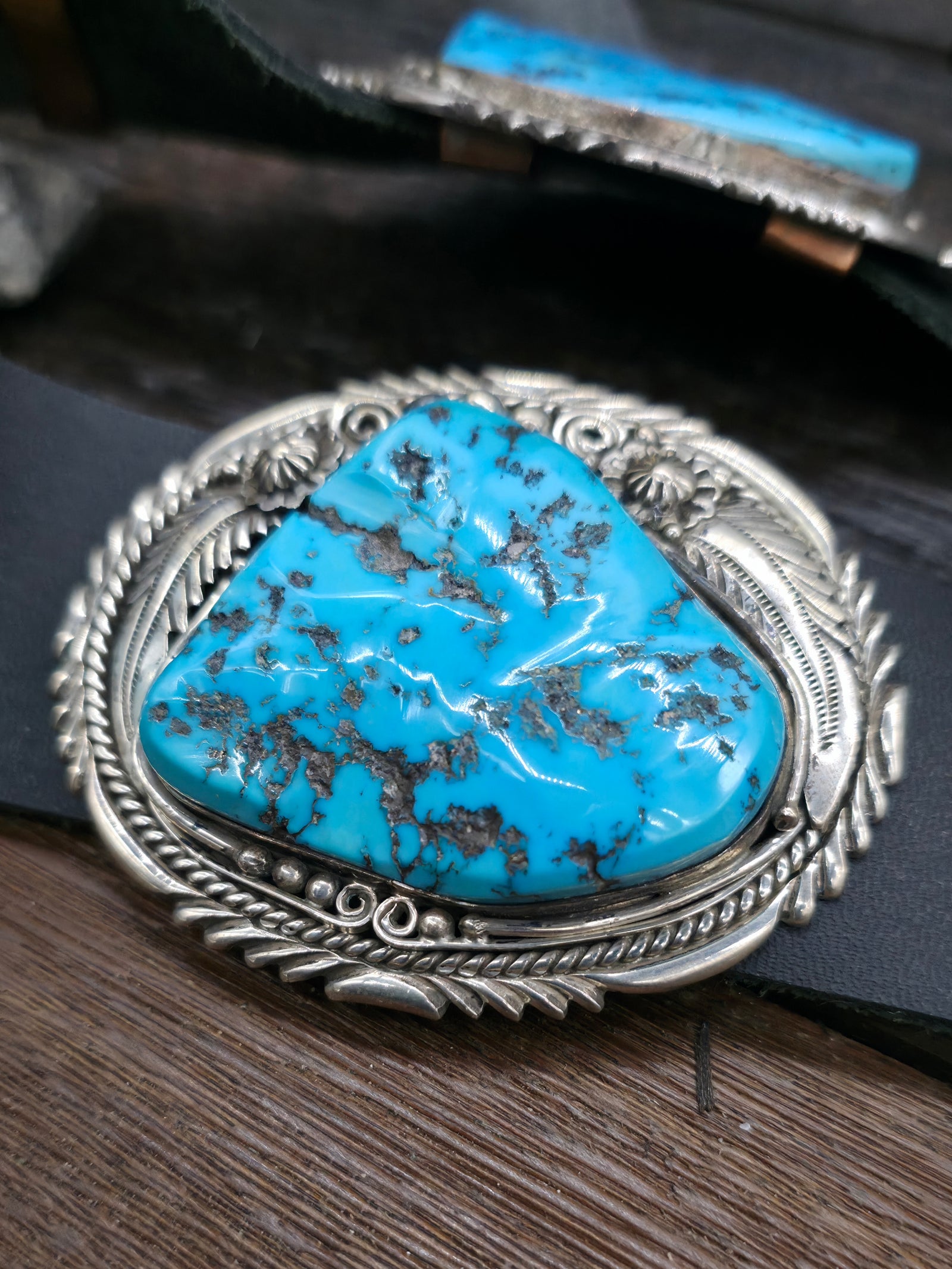 Sterling Silver Leaf Applique and Sleeping Beauty Turquoise Nugget Concho Belt by Ben Begaye - 54 in.