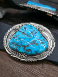 Sterling Silver Leaf Applique and Sleeping Beauty Turquoise Nugget Concho Belt by Ben Begaye - 54 in.