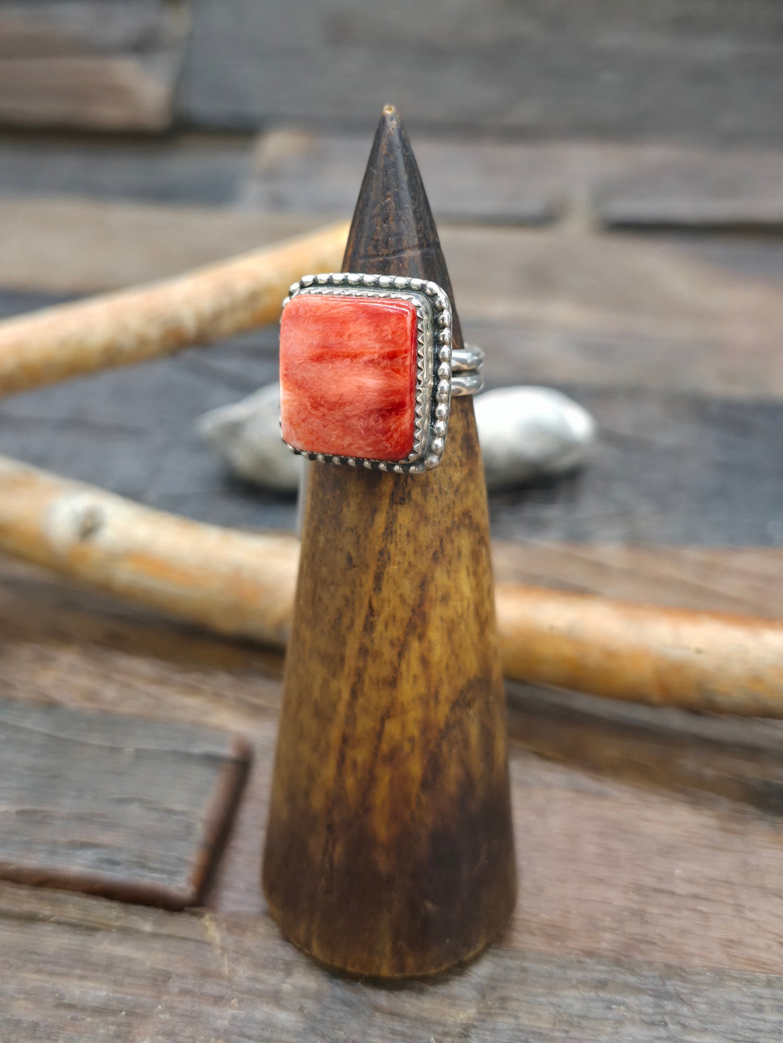 Sterling Silver Orange Spiny Square Ring by Rosella Paxton - Size 7