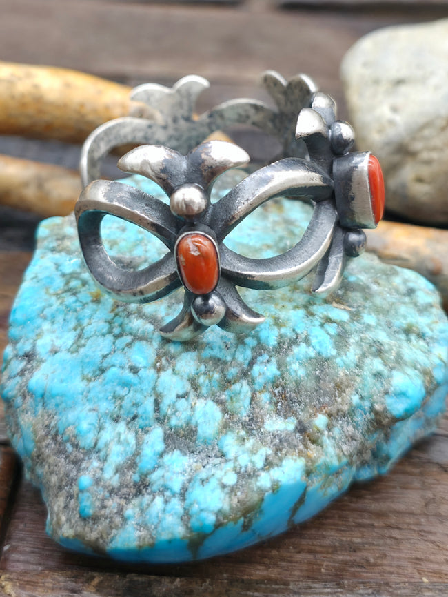 Four Stone Coral and Cast Sterling Silver Cuff - 6 in. w/gap