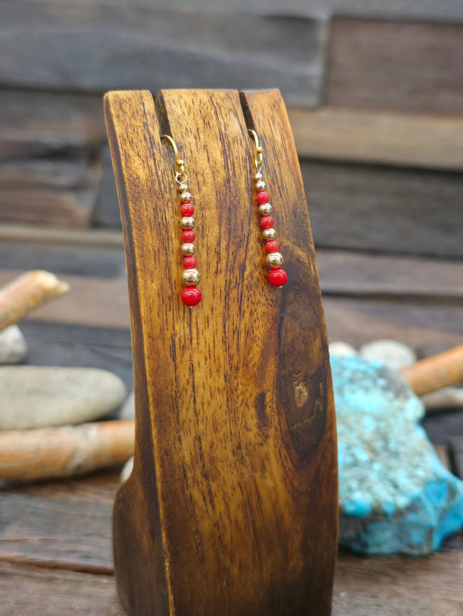 Coral and 14K Gold Bead Earrings