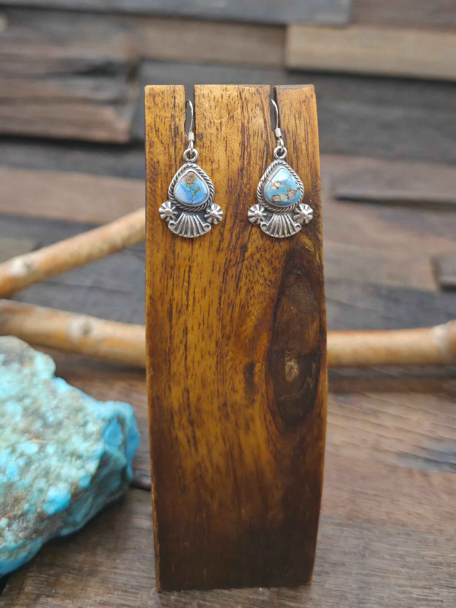 Stamped Sterling Silver Golden Hills Turquoise Earrings by Verley Betone - 1 1/2 in. by 3/4 in.