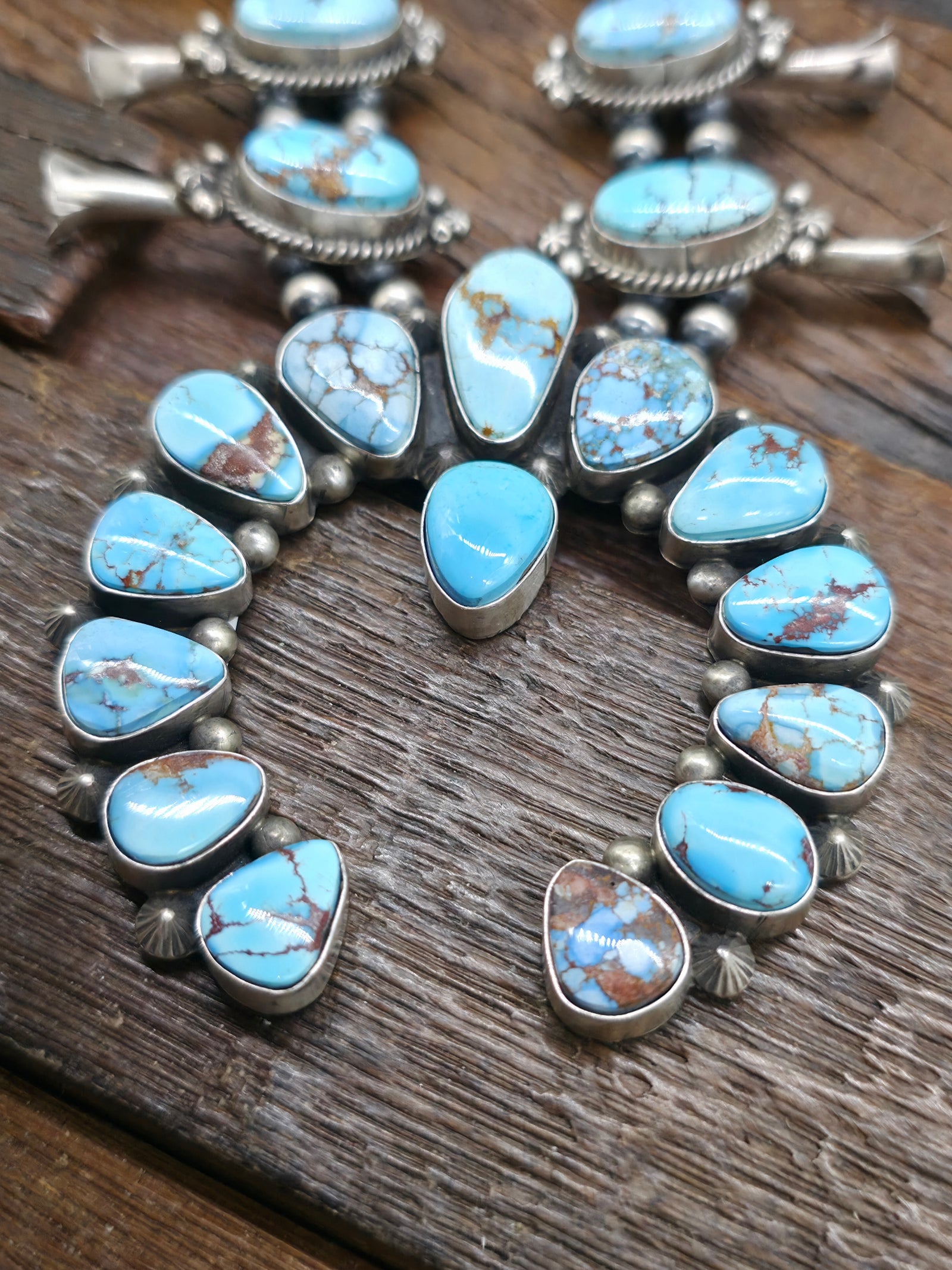 Golden Hill Turquoise Silver Squash Blossom Necklace and Earring Set by Theresa Smith - 22 in.