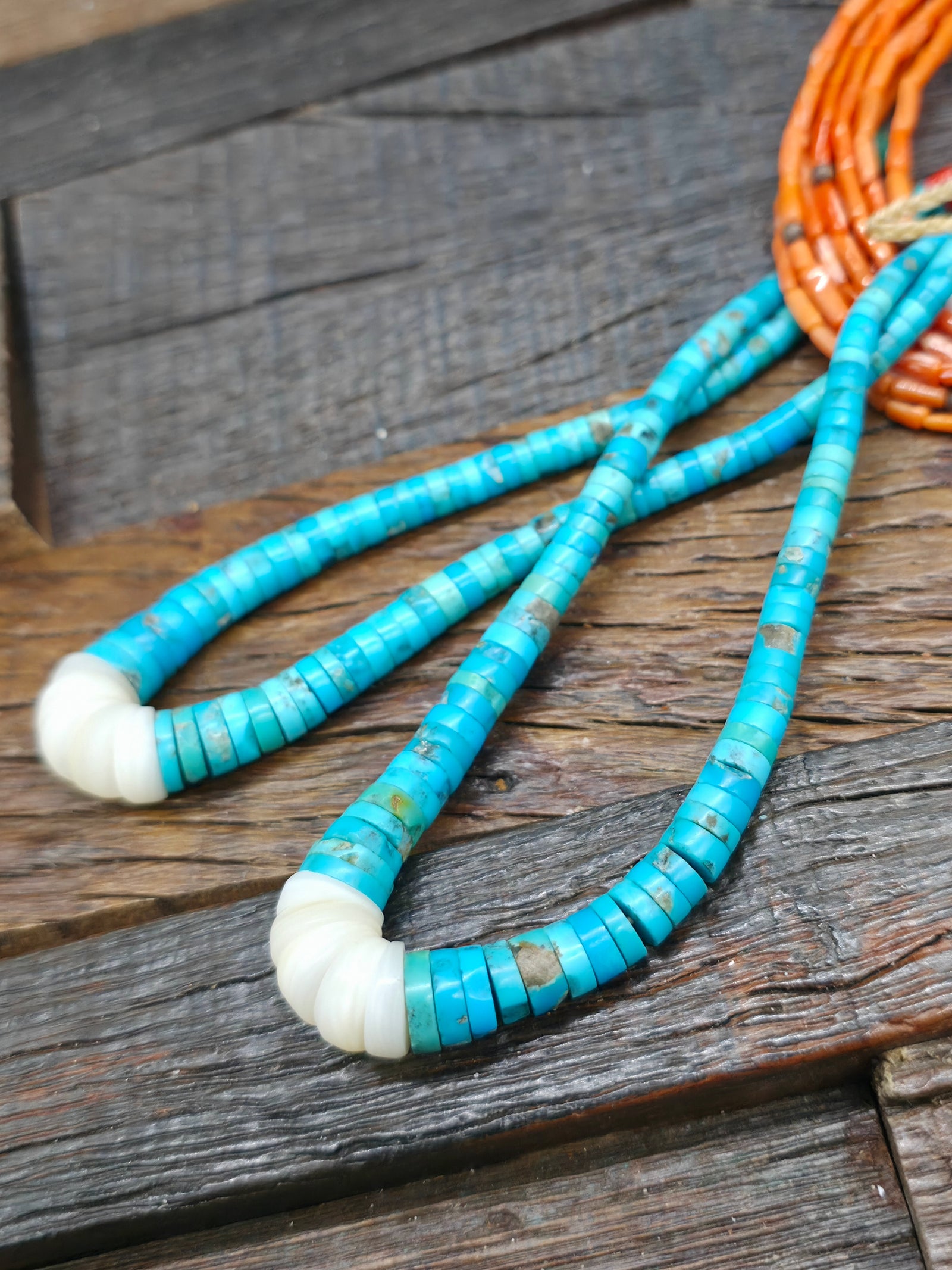 Ten Strand Coral Necklace with Turquoise and Sterling Silver Beads and Turquoise Jacla, Traditional Wrap by Mel Masquat - 28 in. with 5 in. Drop