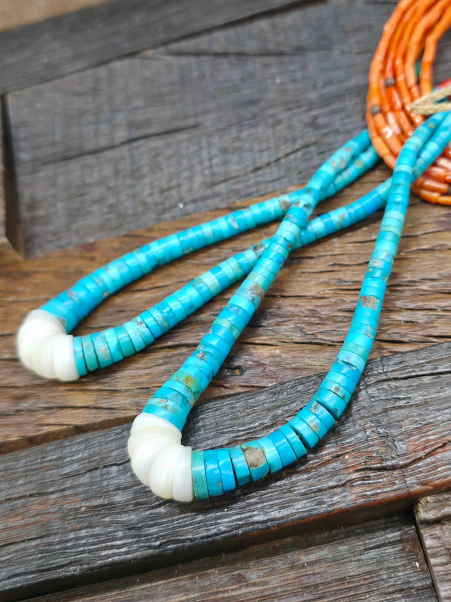 Ten Strand Coral Necklace with Turquoise and Sterling Silver Beads and Turquoise Jacla, Traditional Wrap by Mel Masquat - 28 in. with 5 in. Drop