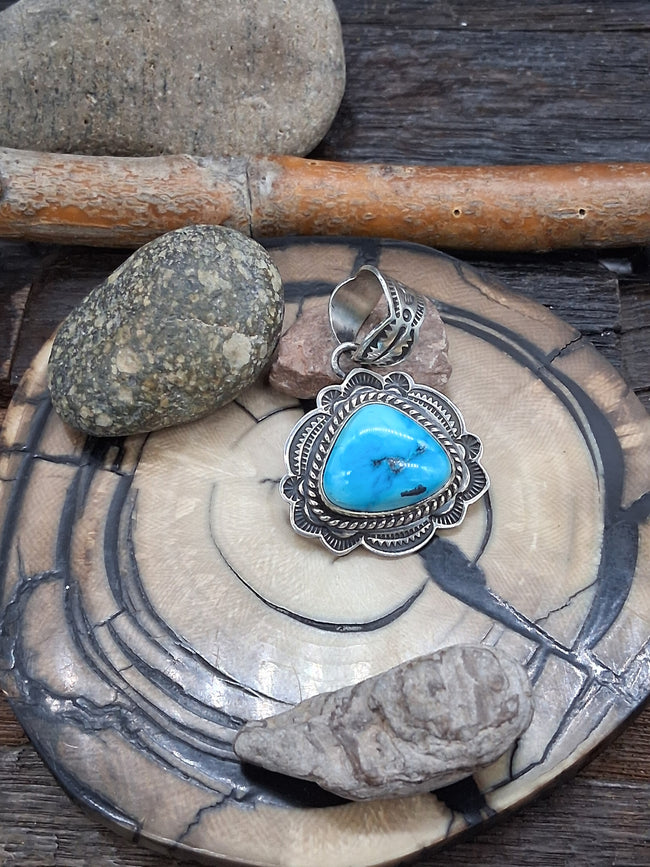 Stamped Sterling Silver and Blue Turquoise Pendant by Happy Piasso