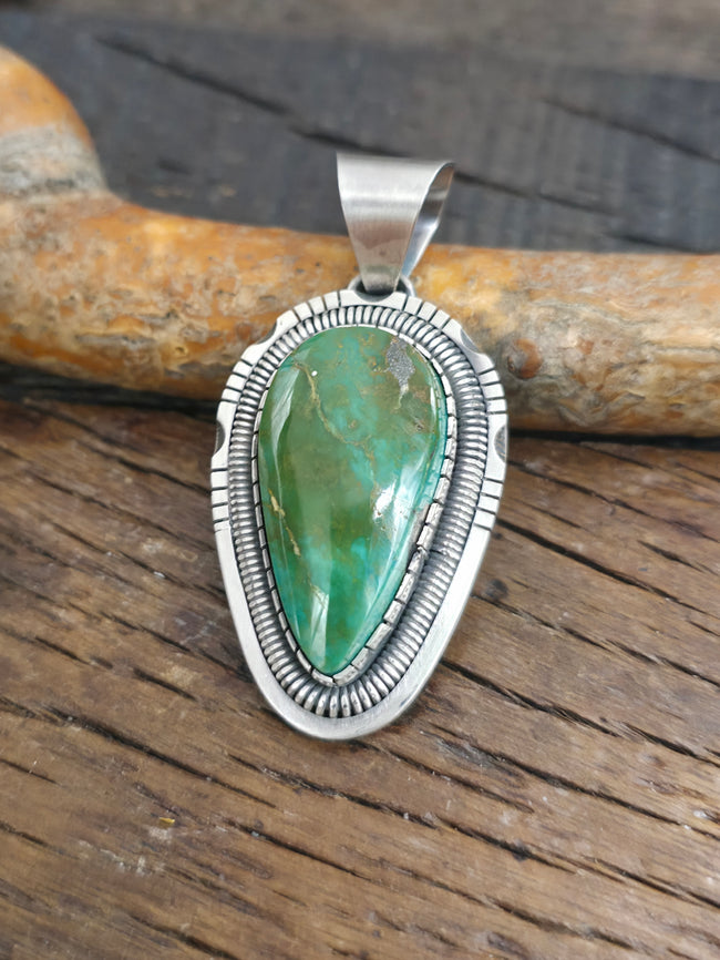 Green Turquoise Sterling Silver Pendant by Walter Vandever - 2 in. by 1 in.