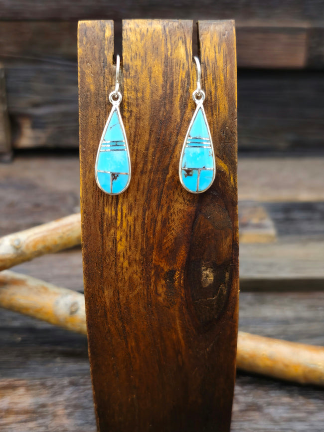 Teardrop Turquoise Inlay Sterling Silver Earrings by Rick Tolino