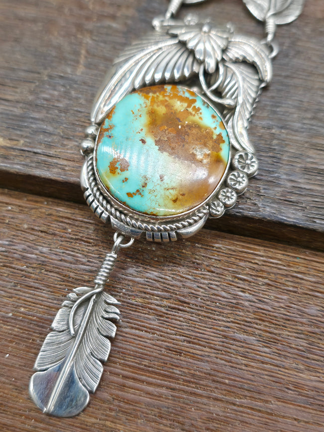 Sterling Silver Turquoise Feather and Leaf Applique Lariat Necklace by Delbert Vandever - 22 in. with 4 in. Drop