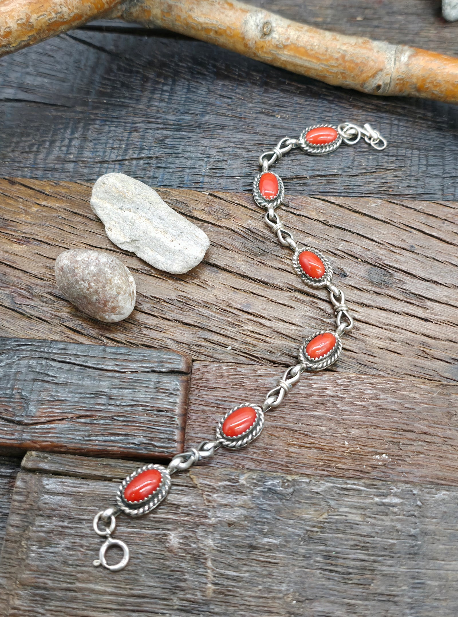 Six Stone Sterling Silver Coral Link Bracelet by Julia Etsitty - 8 1/2 in.