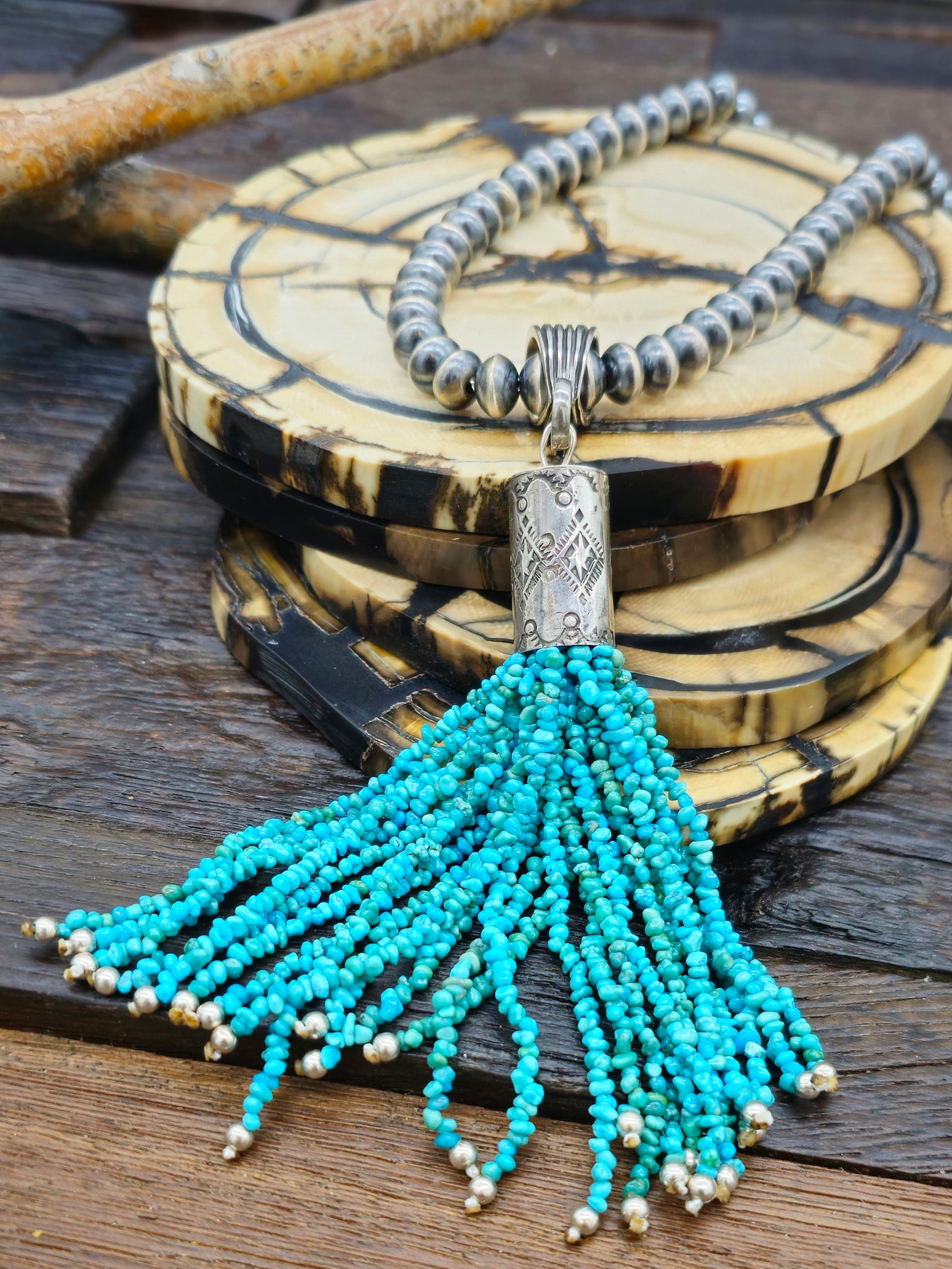 Turquoise Tassel Necklace on Sterling Silver Oxidized Beads 23 in