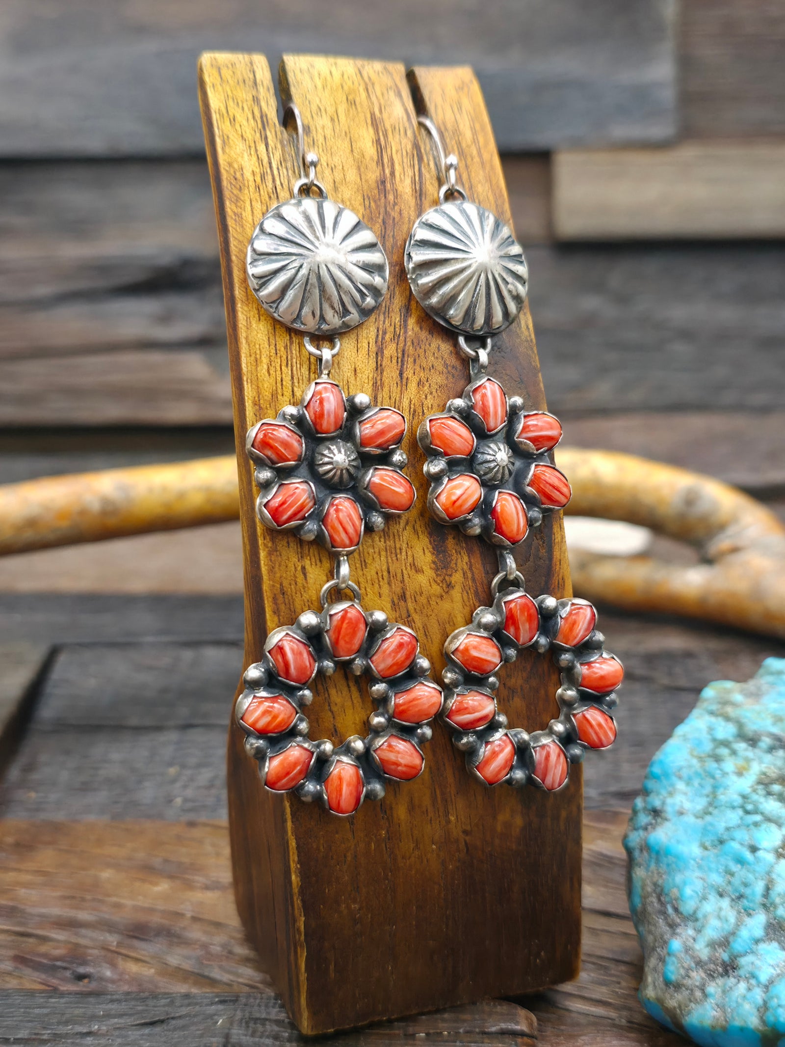 Sterling Silver and Red Spiny Oyster Earrings - 4 in. by 1 in.