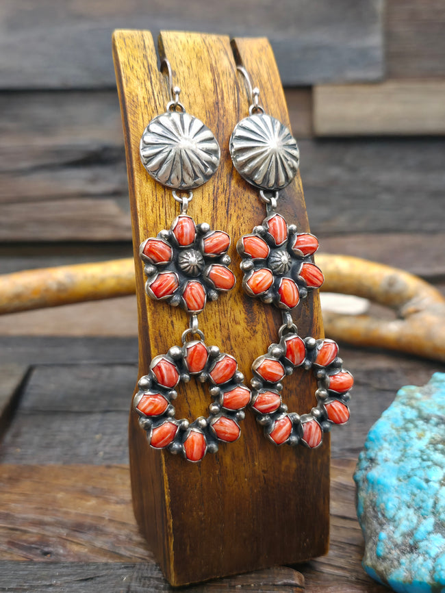 Sterling Silver and Red Spiny Oyster Earrings - 4 in. by 1 in.