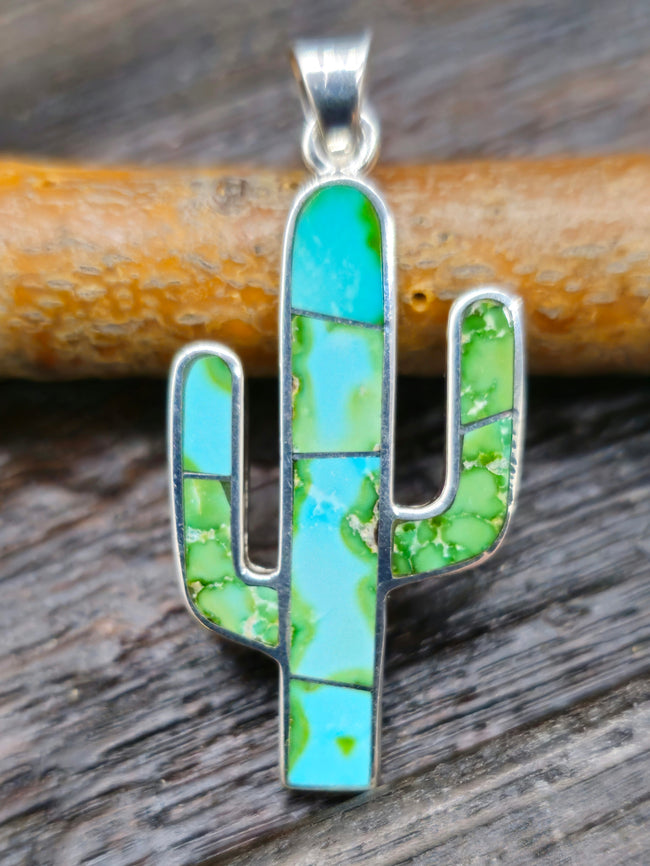 Green Turquoise Sterling Silver Inlay Cactus Pendant