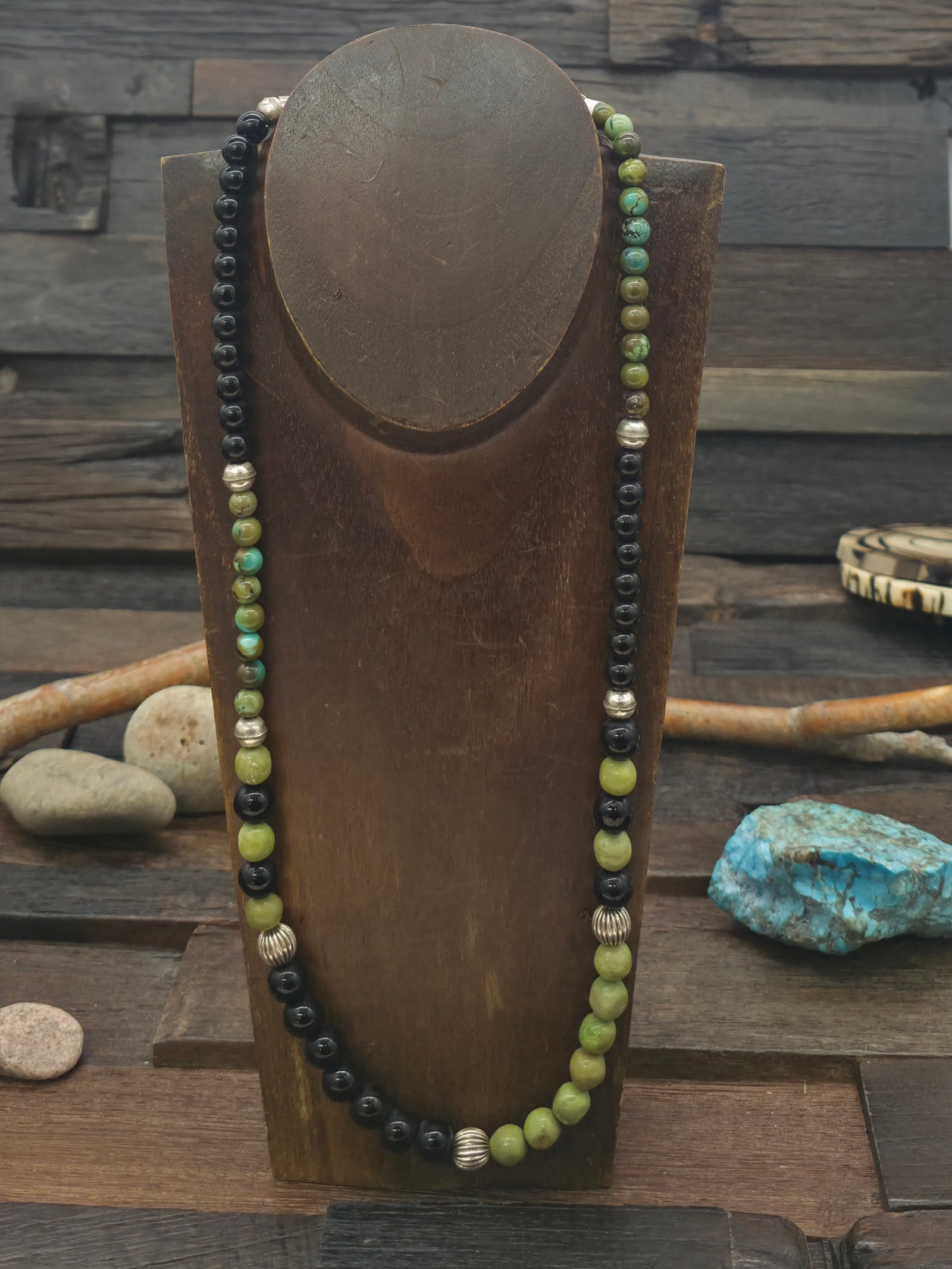 Green Sky Horse Turquoise, Onyx, and Sterling Silver Bead Necklace - 26 in.