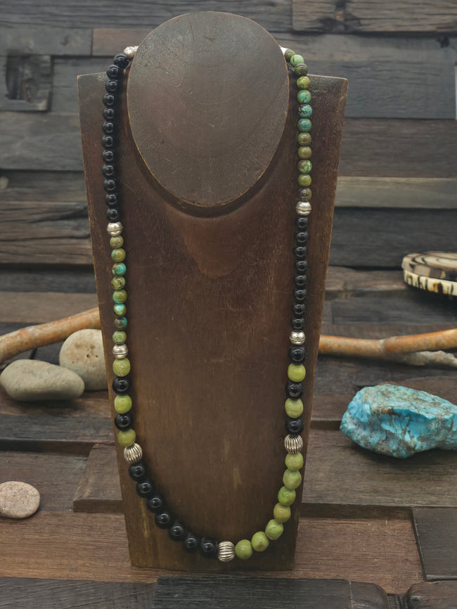 Green Sky Horse Turquoise, Onyx, and Sterling Silver Bead Necklace - 26 in.