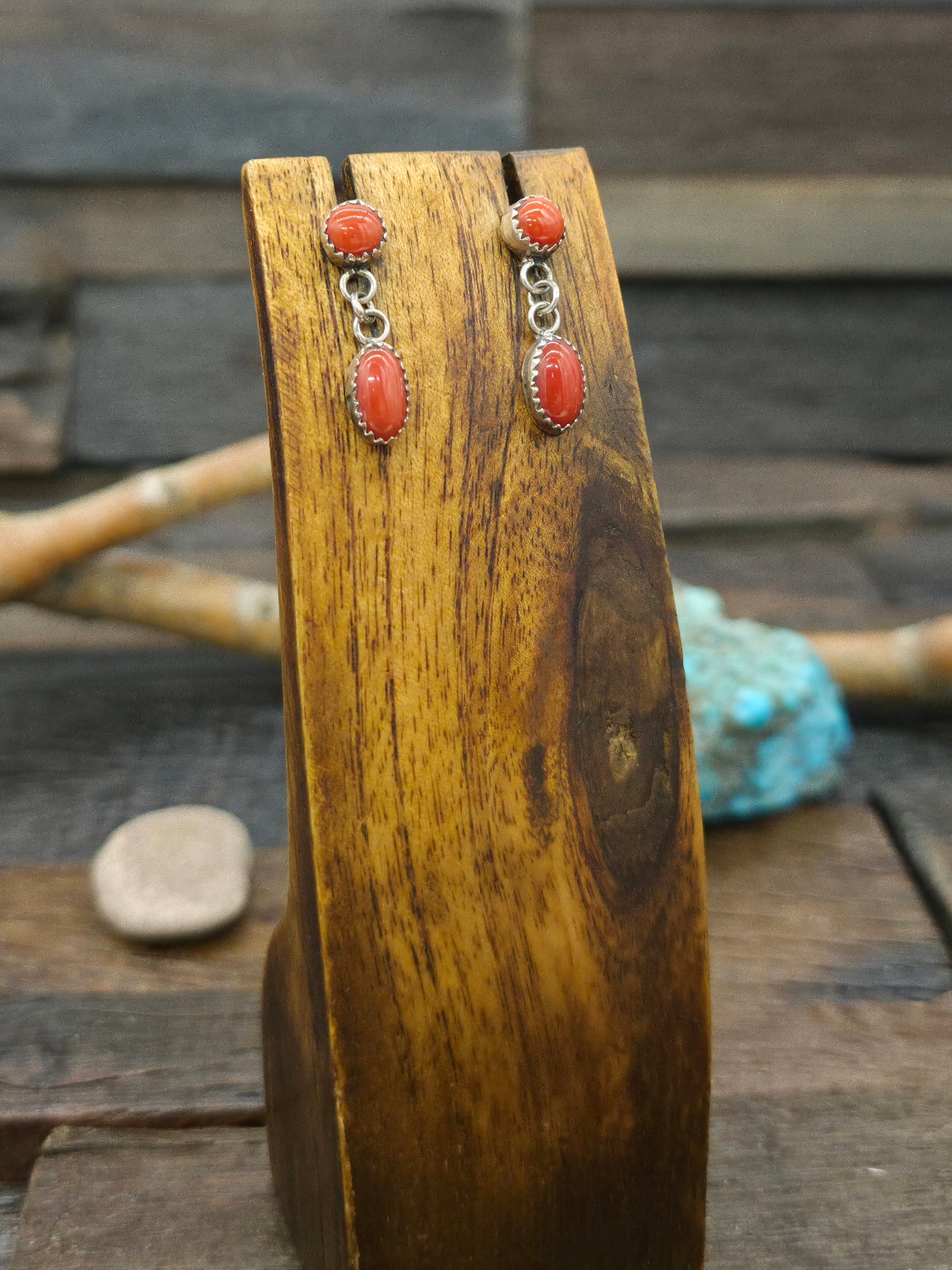 Two Stone Sterling Silver Coral Post Dangle Earrings - 1 in. by 1/4 in.
