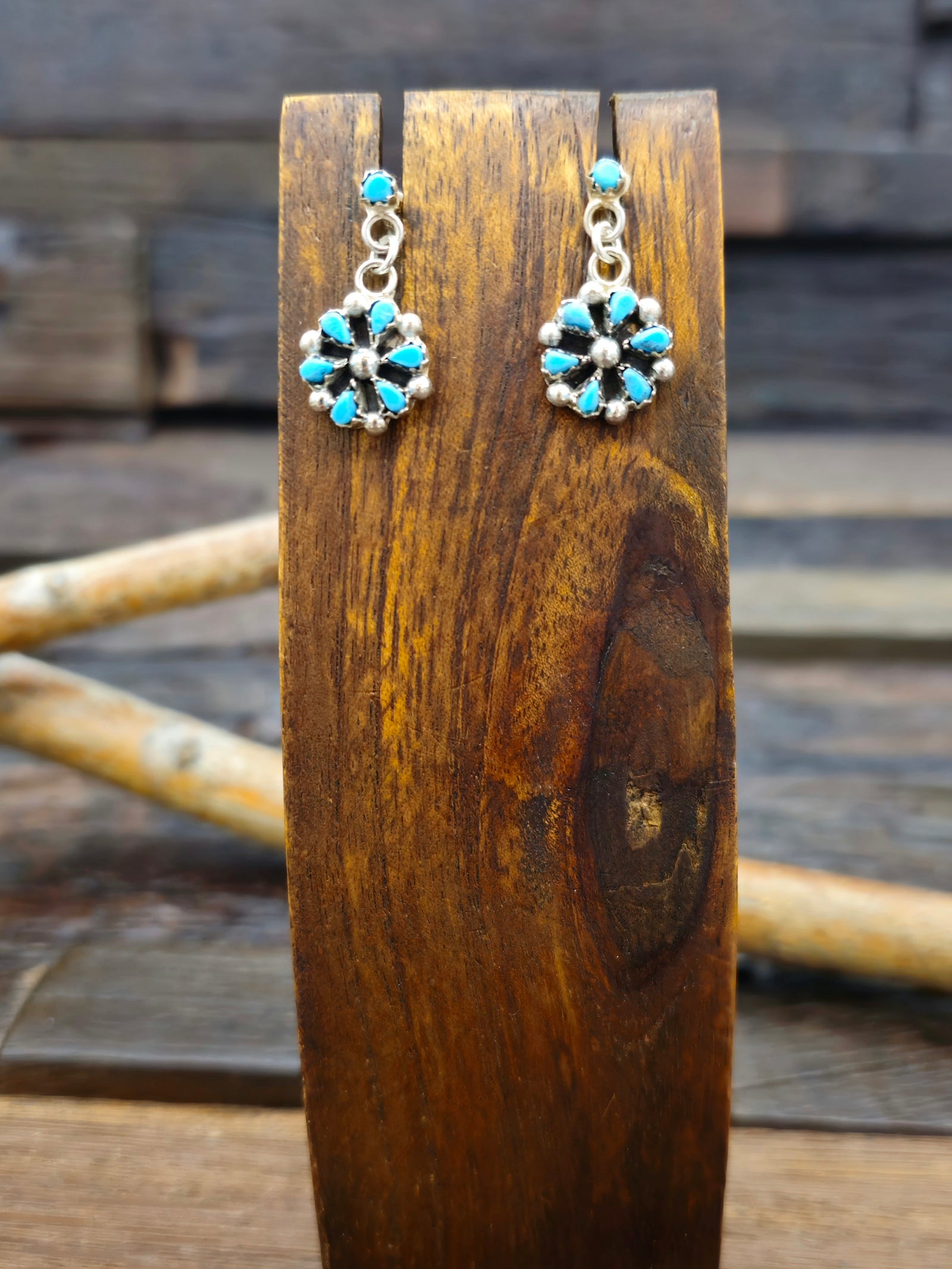 Blue Turquoise Zuni Cluster Dangle Earrings by Tricia Leekity - 1 in