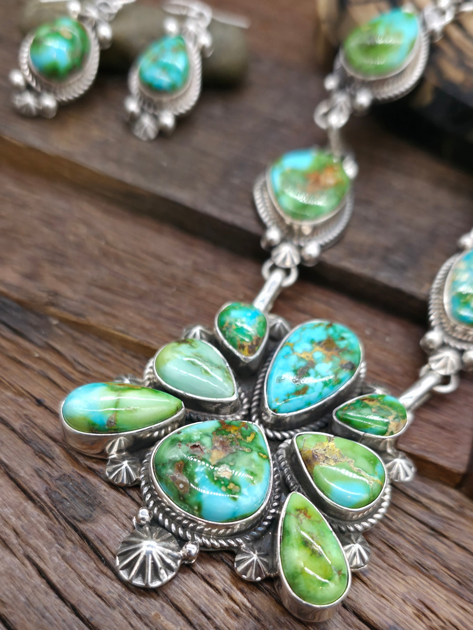 Sonoran Turquoise Sterling Silver Necklace and Earring Set by Rosella Paxton - 24 in.