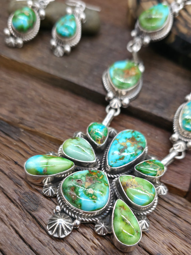 Sonoran Turquoise Sterling Silver Necklace and Earring Set by Rosella Paxton - 24 in.