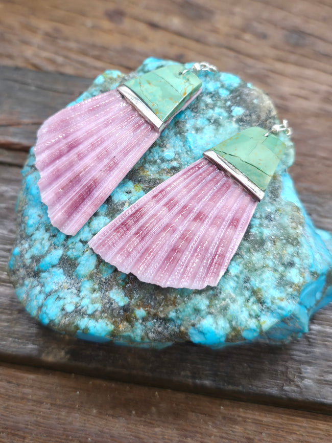 Purple Scallop and Green Turquoise Overlay Earrings by Veronica Tortalita - 3 in. by 1 1/4 in.