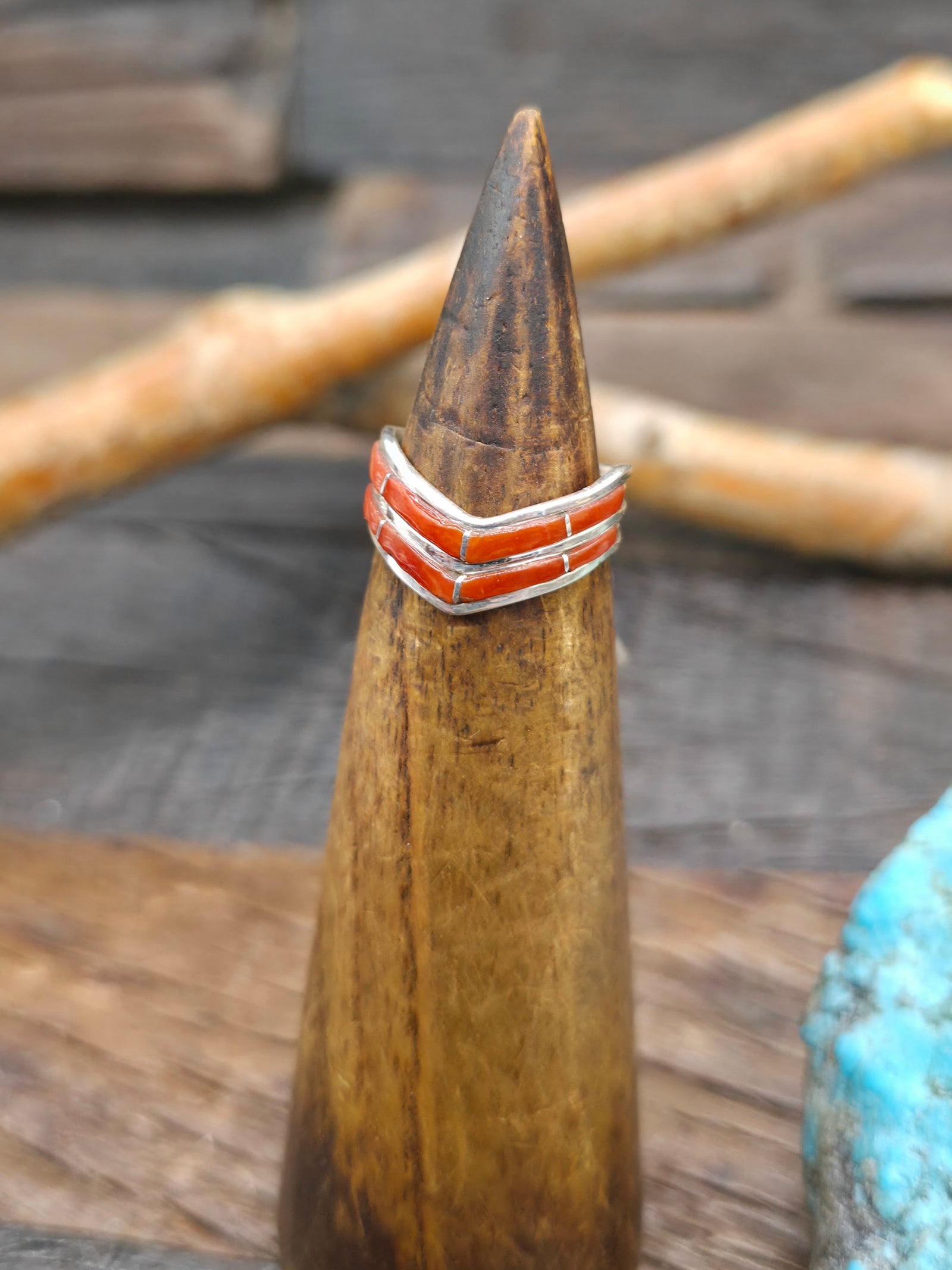 Sterling Silver Coral Inlay Chevron Ring by Andrew Enrico - Size 7