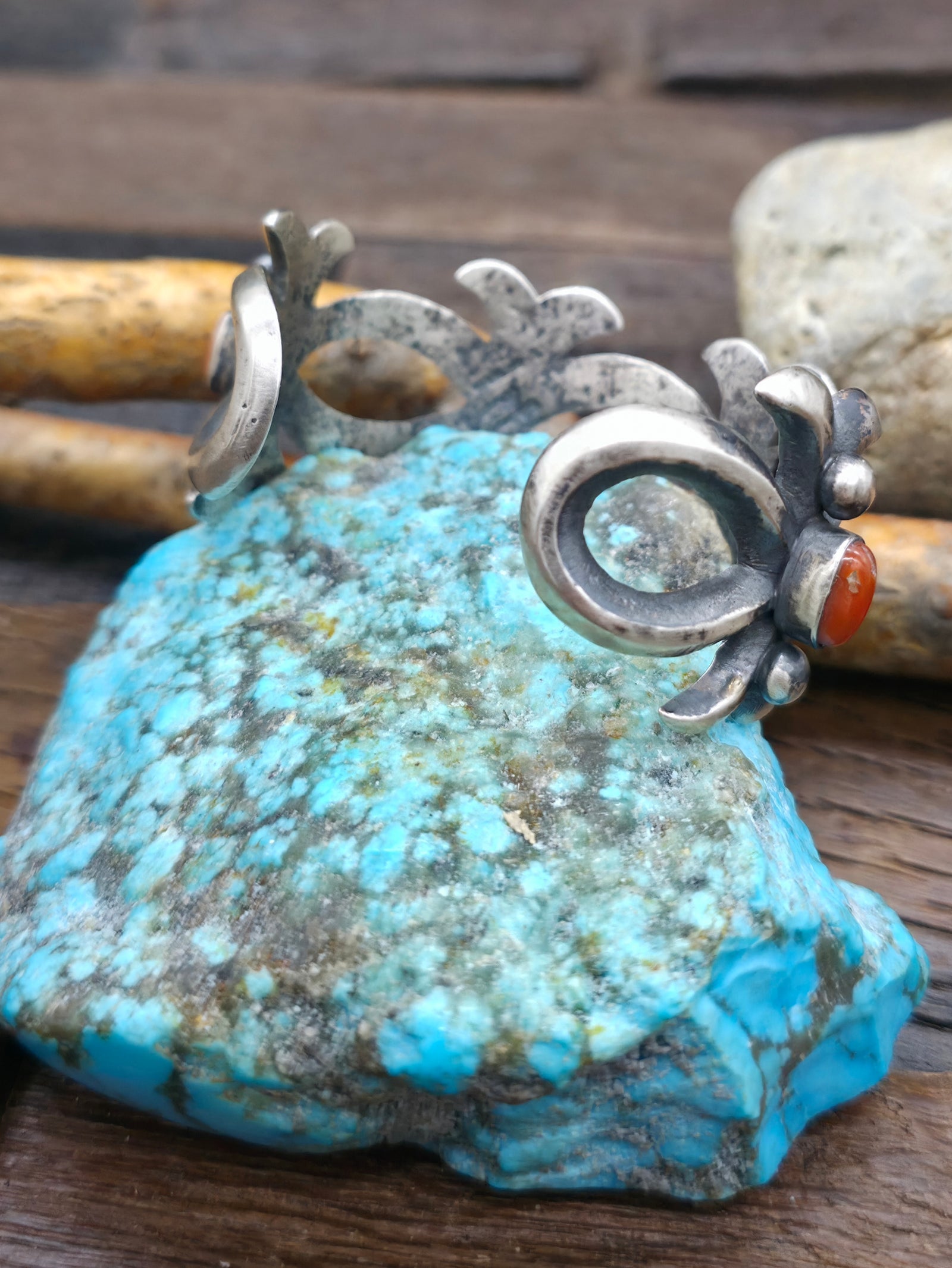 Four Stone Coral and Cast Sterling Silver Cuff - 6 in. w/gap