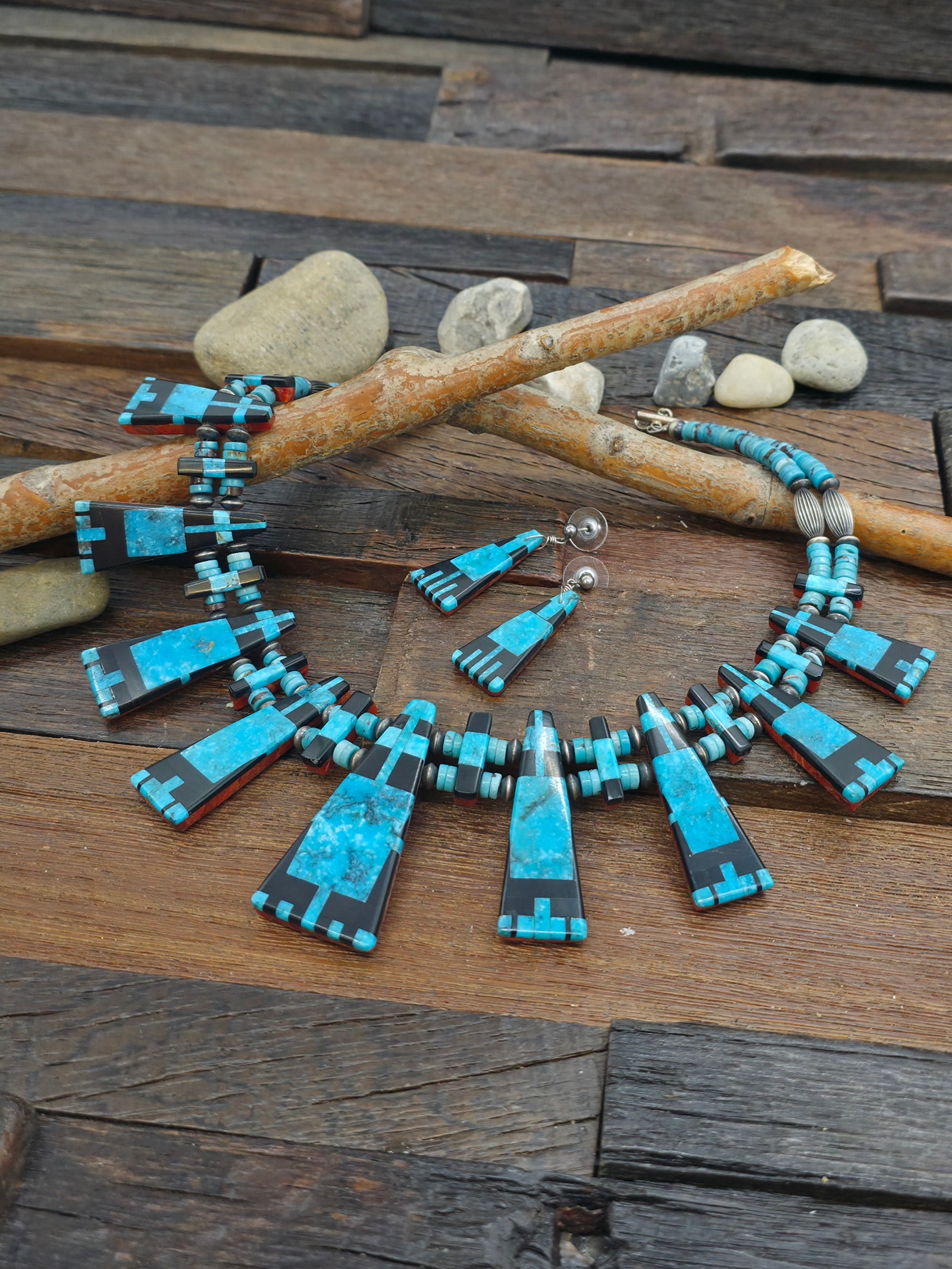 Turquoise, Jet, and Apple Coral Necklace and Earring Set by Daniel Coriz - 16 in. plus 2 in. Extender
