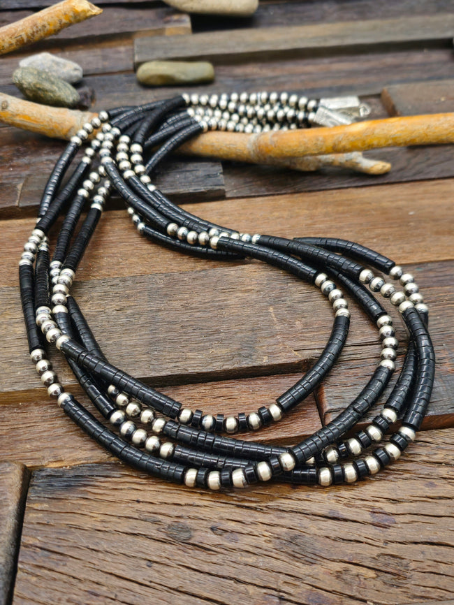 Four Strand Jet Heishi and Sterling Silver Bead Necklace - 33 in.