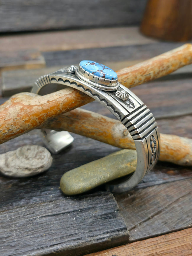 Heavyweight Stamped Sterling Silver and Golden Hills Turquoise Cuff by Albert Jake - 7 1/2 in.