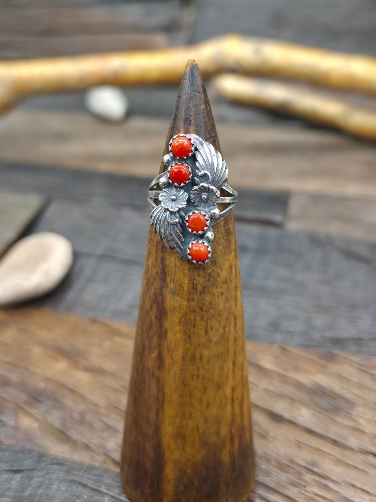 Sterling Silver Flower and Leaf Applique Ring with Coral by Judy Largo - Size 6