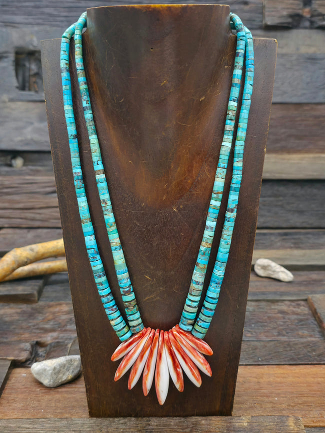 Two-Strand Turquoise and Red Spiny Oyster Necklace by Julian Coriz - 26 in.