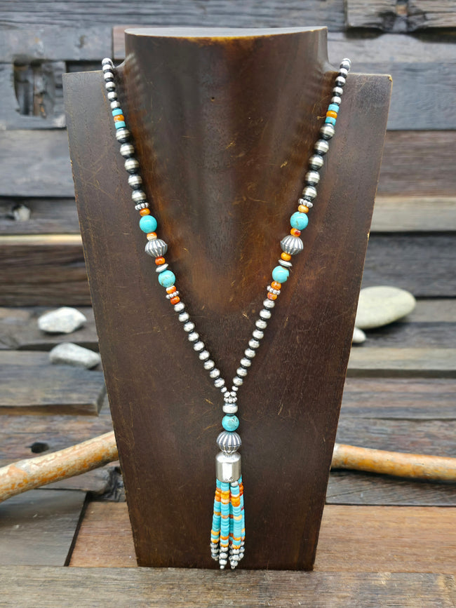 Sterling Silver Turquoise and Spiny Oyster Tassel Necklace - 26 in.