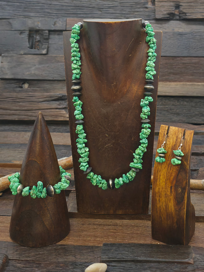 Green Hubei Turquoise Nugget and Oxidized Sterling Silver Bead Necklace, Bracelet, and Earring Set - 20 in. Plus 2 in. Extender